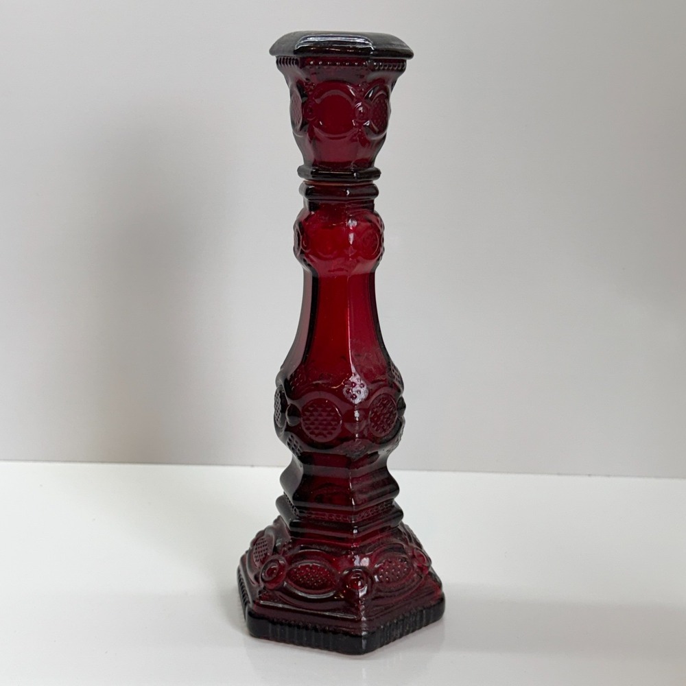 Vintage Avon Cape Cod Ruby Red Glass Candlestick Charisma Cologne Decanter 8"